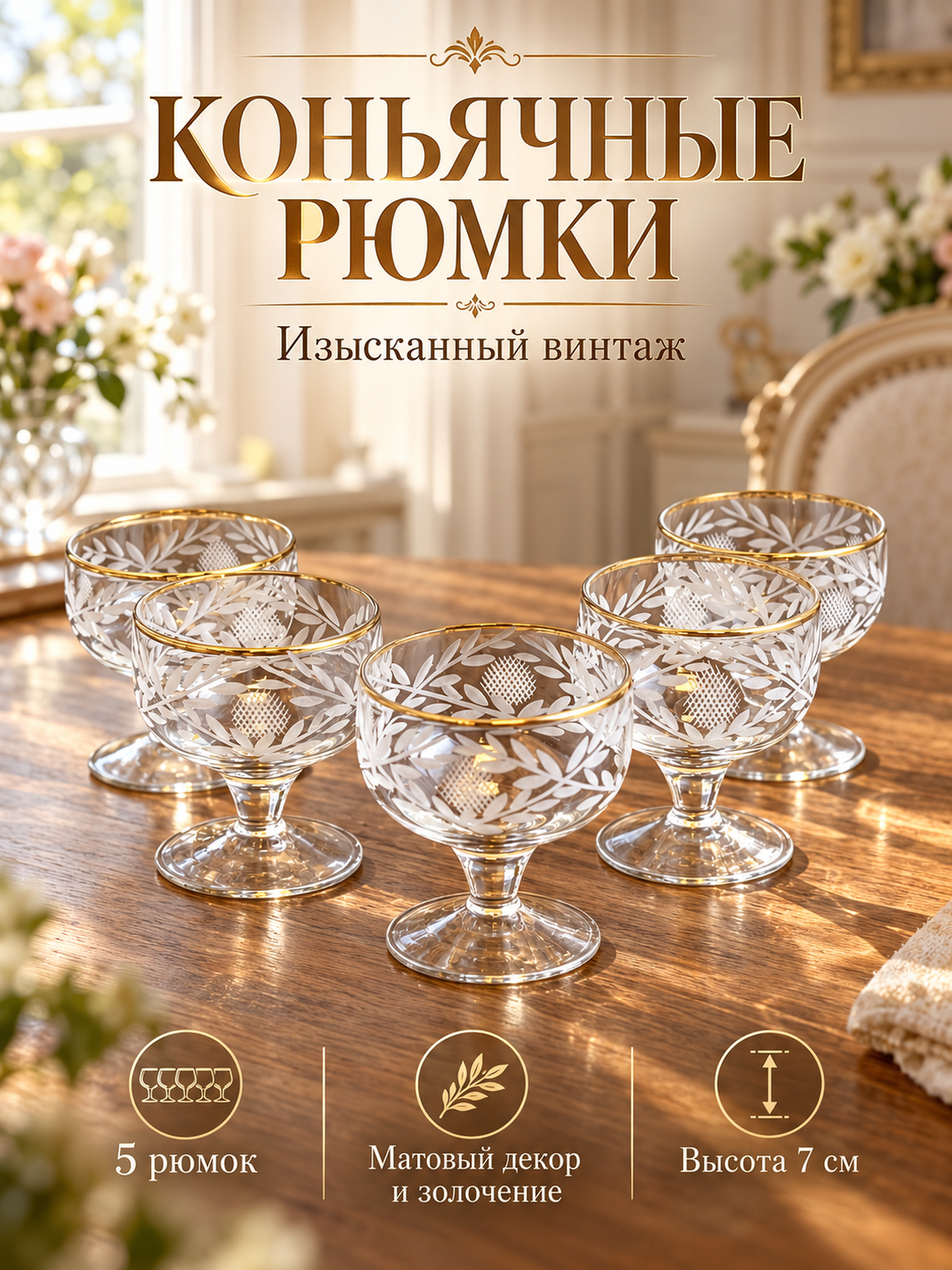 Рюмки коньячные набор из 5 штук, хрустальное стекло, матовый декор, золочение, 7 см, винтаж СССР 1970-1990 гг
