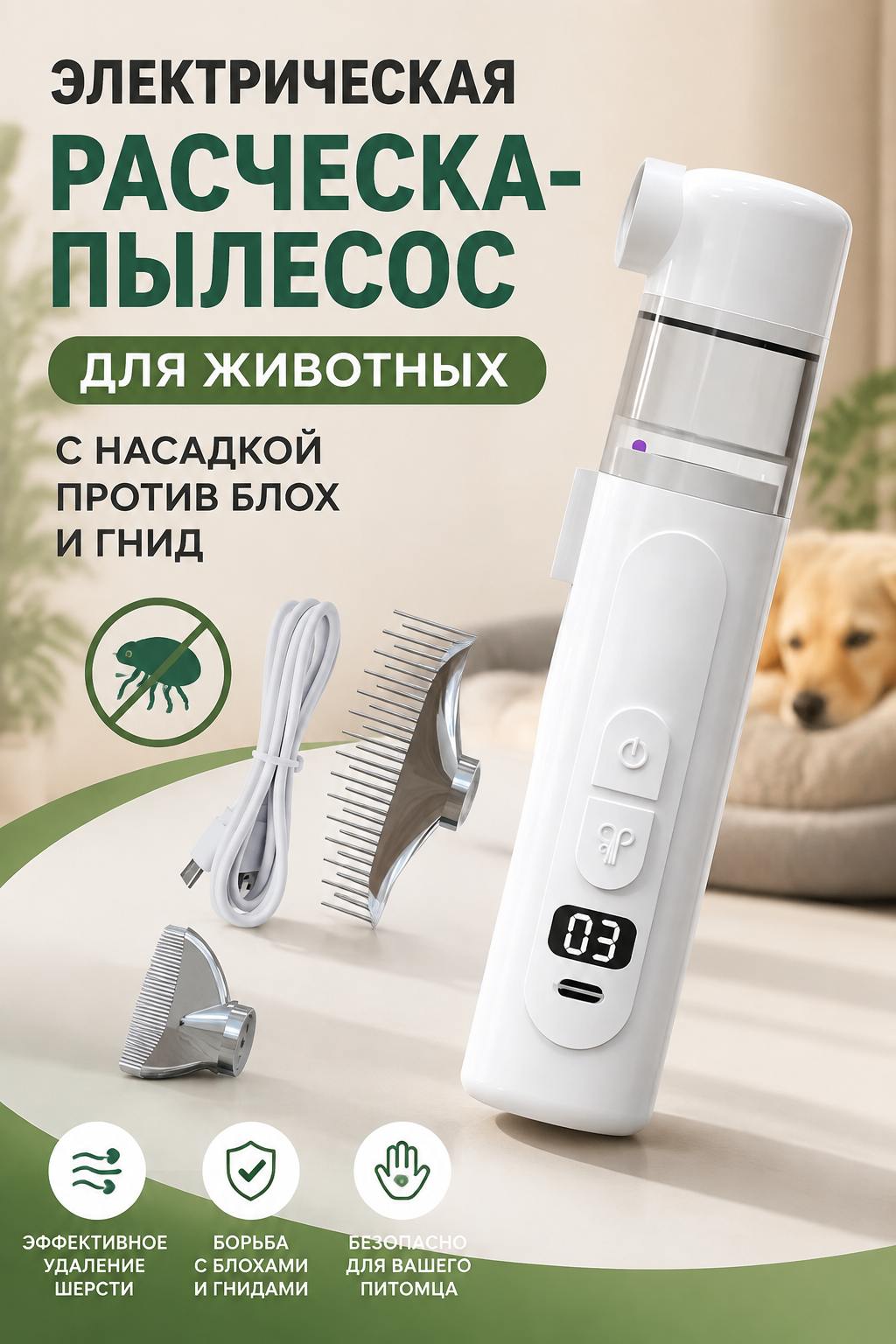 Электрическая расческа‑пылесос для животных с насадкой против блох и гнид