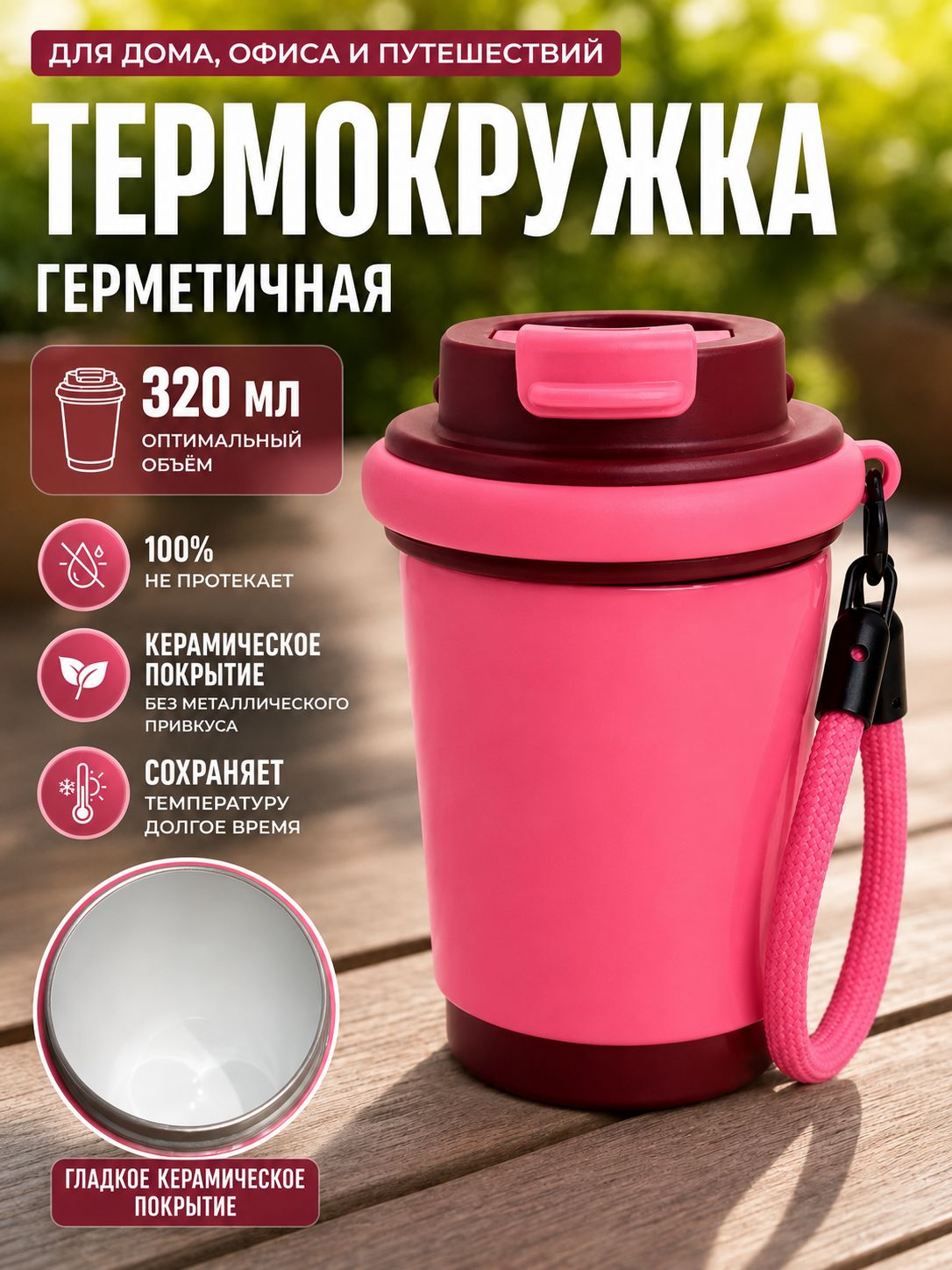 Термокружка 0.32 л, холод 12 ч, тепло 6 ч, можно мыть в посудомоечной машине, эмалированное покрытие, малиновый