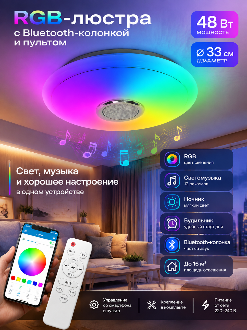RGB-люстра с Bluetooth-колонкой и пультом, 48 Вт, 33 см, светомузыка и ночник, 12 режимов