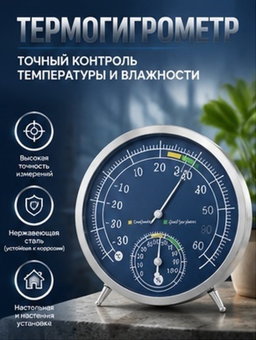 Аналоговый Термометр Влажности Нержавеющая Сталь Термогигрометр Для Бани 13.00X13.00X4.00Cm