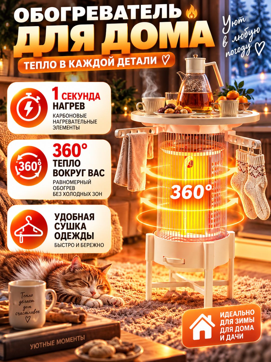 Обогреватель для дома электрический 360 , карбоновый нагрев, столик, сушилка для одежды, зимний обогрев для квартиры и дачи