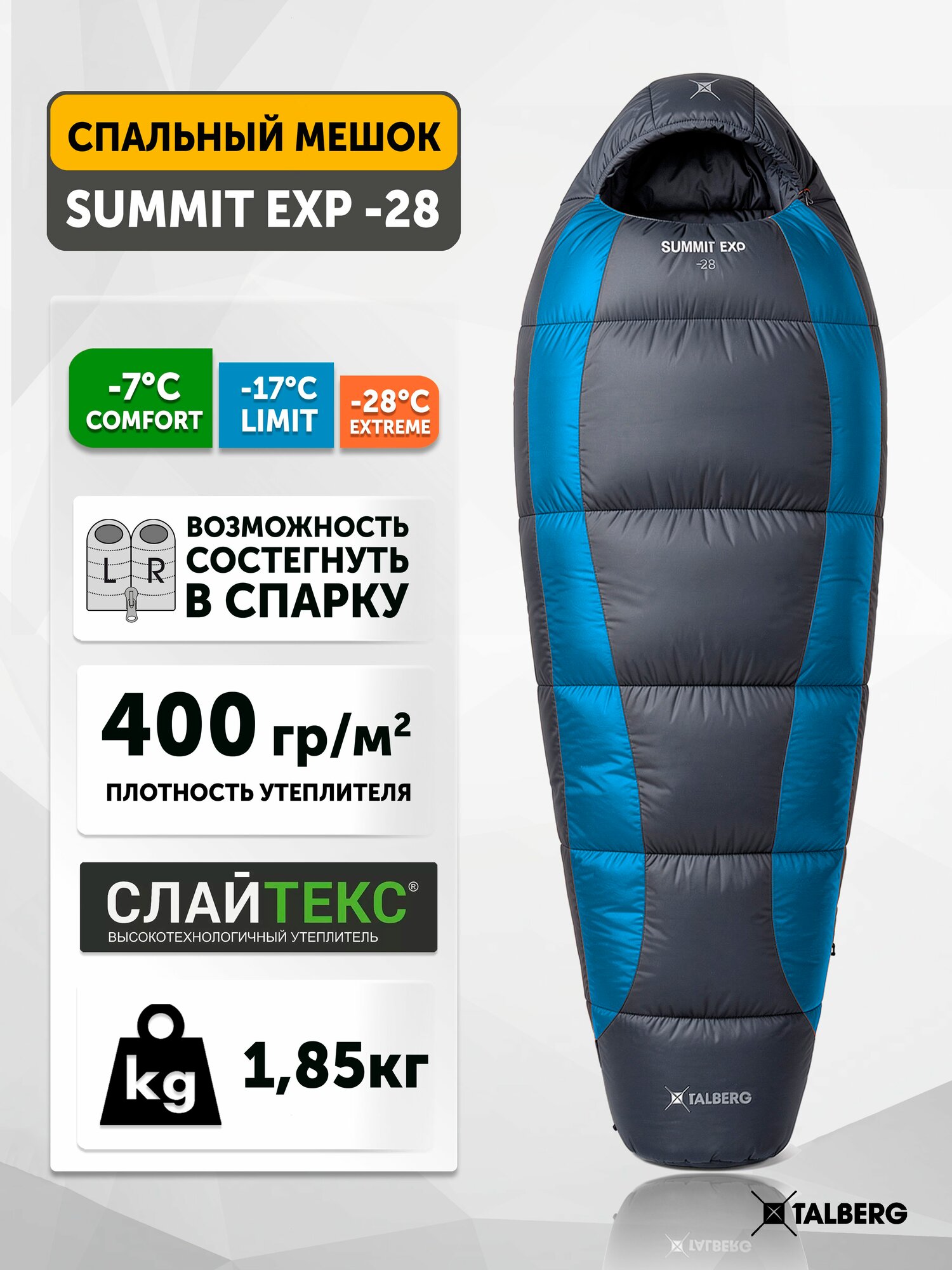 Спальный мешок туристический зимний Talberg SUMMIT EXP -28 C, спальник кокон левый, серый синий, 220 х 85 х 50 см