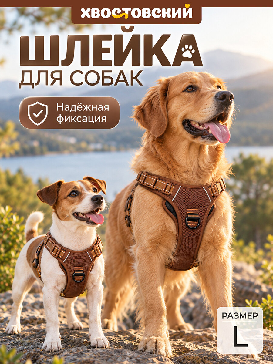 Шлейка для собак L Хвостовский, коричневый, регулируемая, светоотражающая