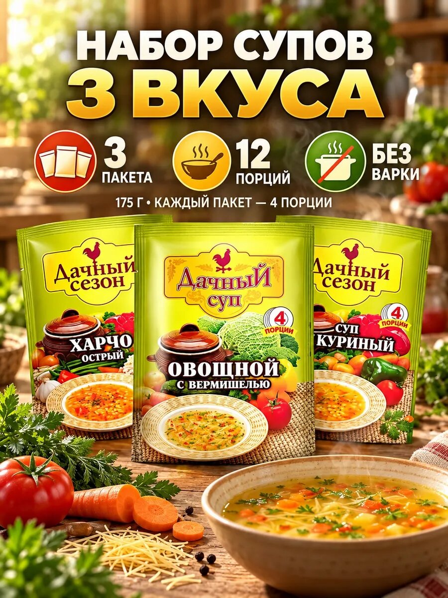 Набор супов 3 вкуса харчо овощной куриный 175г — супы быстрого приготовления