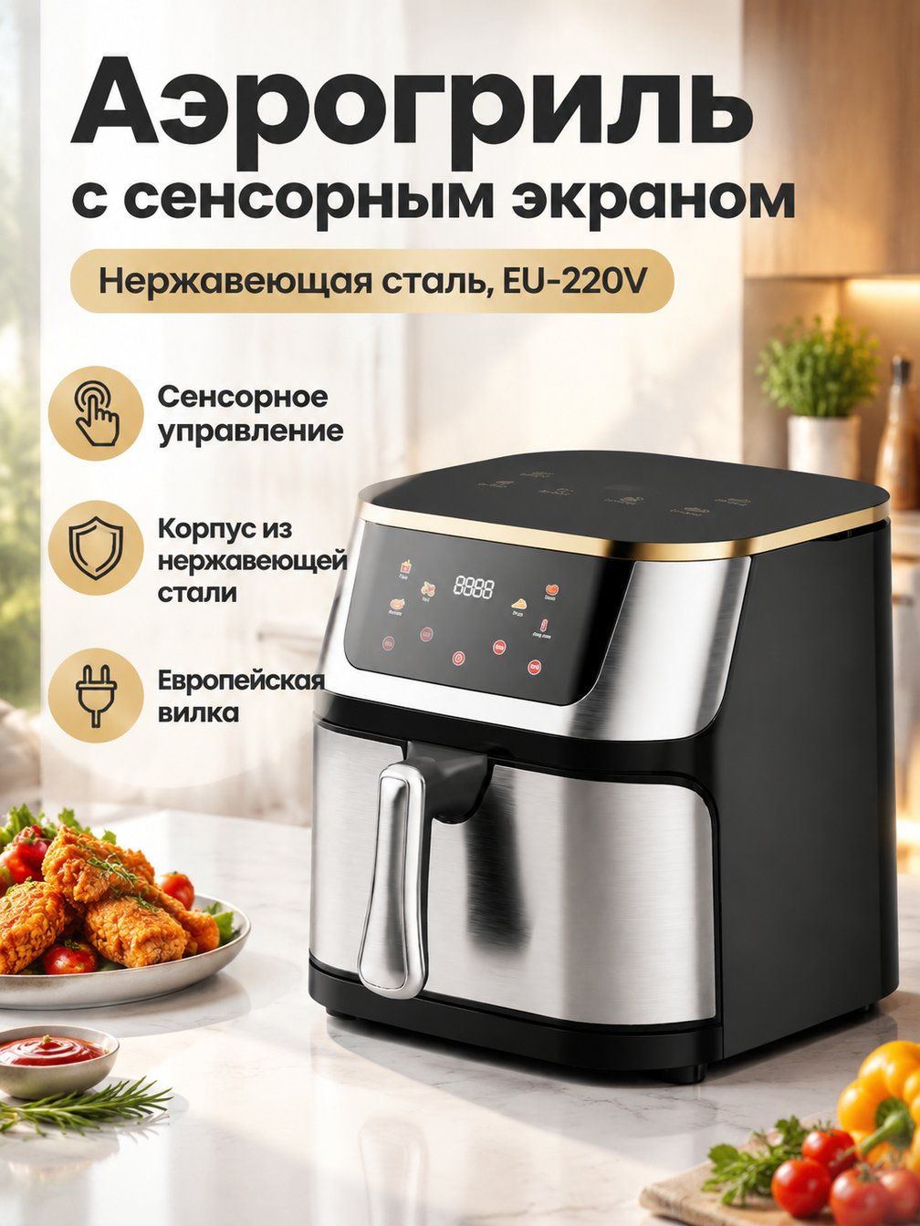 Аэрогриль с корпусом из нержавеющей стали без окна, 10 л, 200 C, европейская вилка 220 В