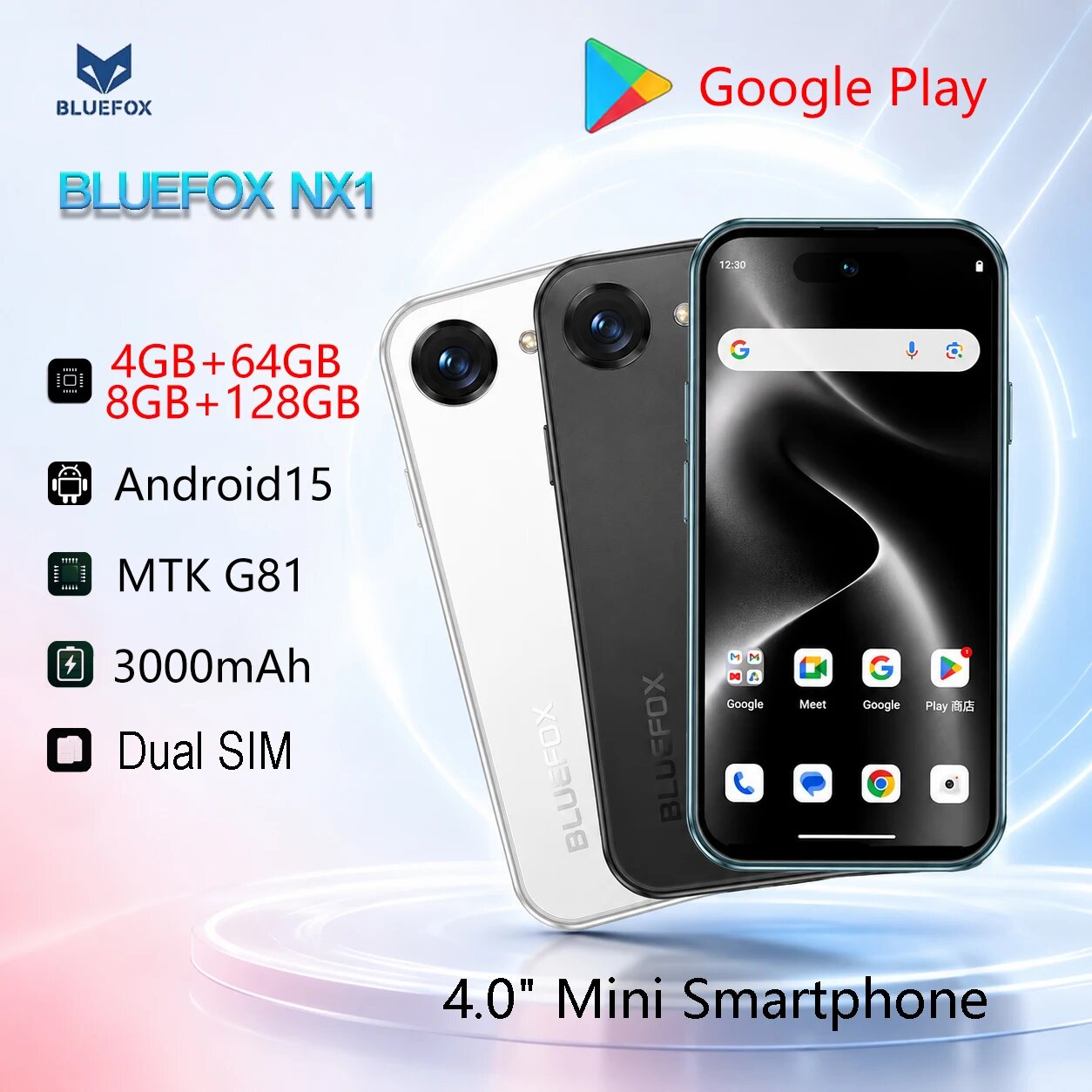 Мини-смартфон BLUEFOX NX1 4.0 дюйма, Android 15, 4 4GB RAM 64GB ROM, Черный, 4ГБ, 64ГБ, Black Google