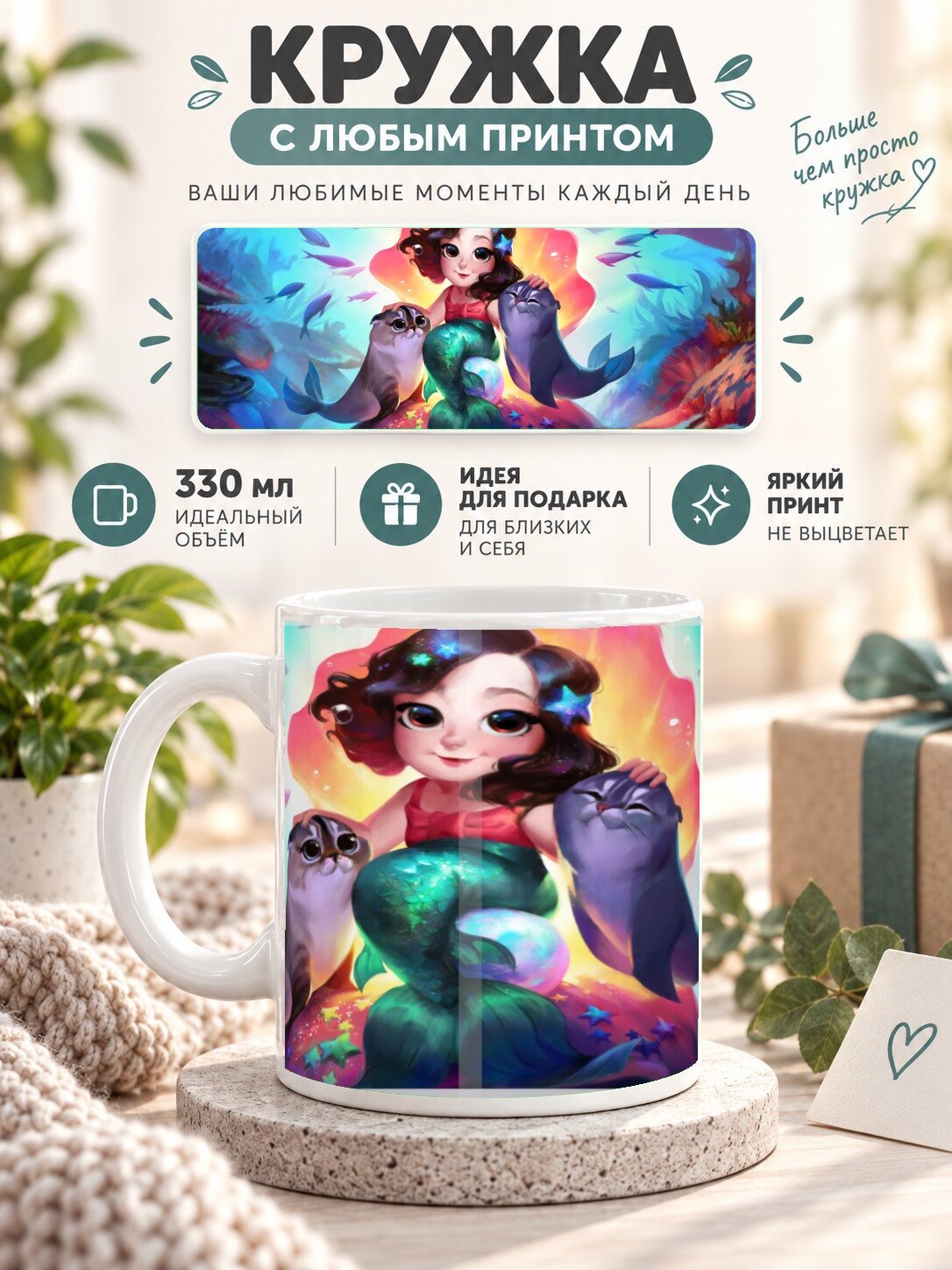 Кружка MoodRoom 330 мл, керамическая, глянцевая, с принтом русалки, дизайн UG33036325