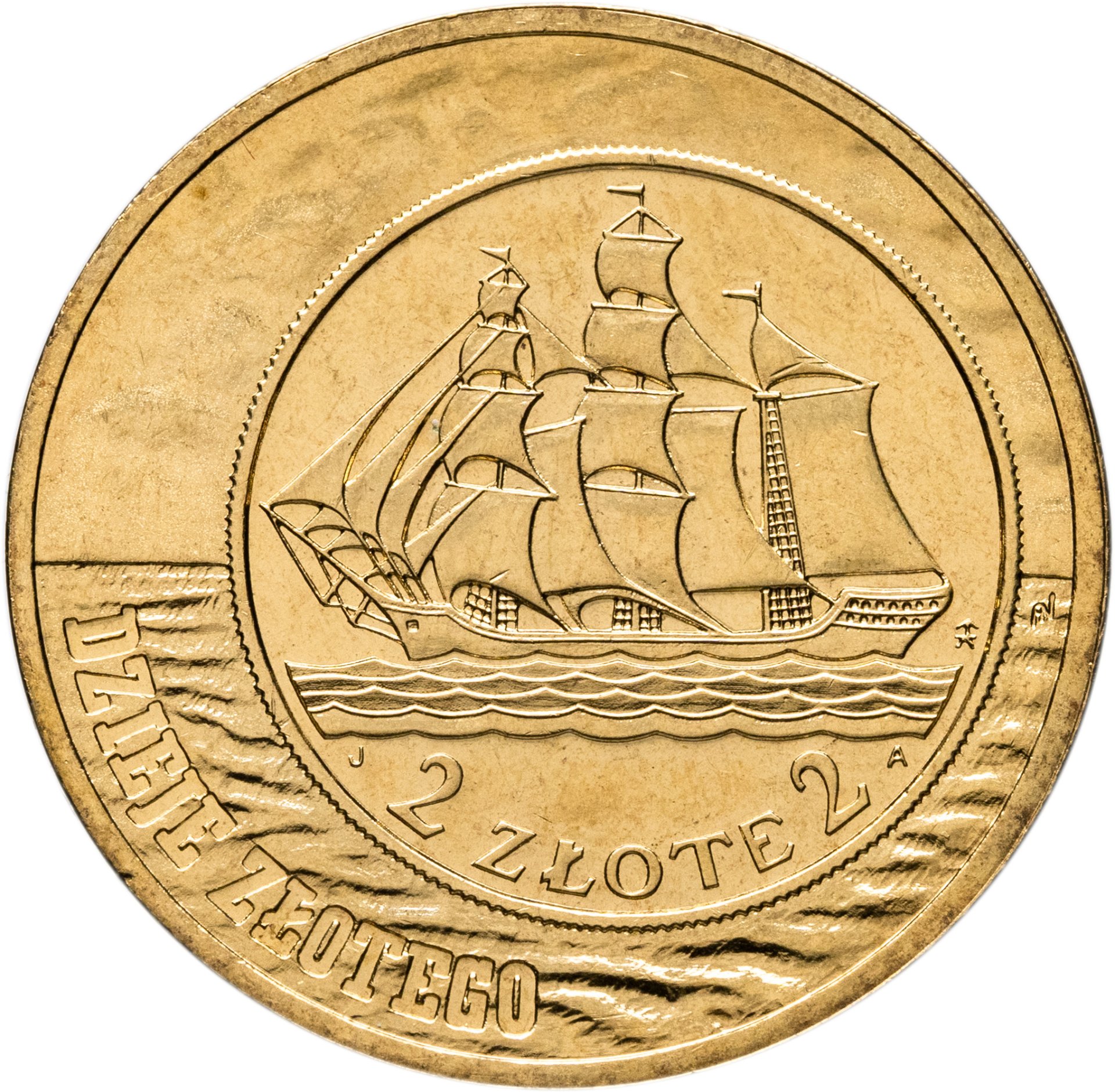 Польша 2 злотых zlote 2005 "История польского злотого - парусное судно на 2 злотых 1936 года", Латунь, в сохранности UNC