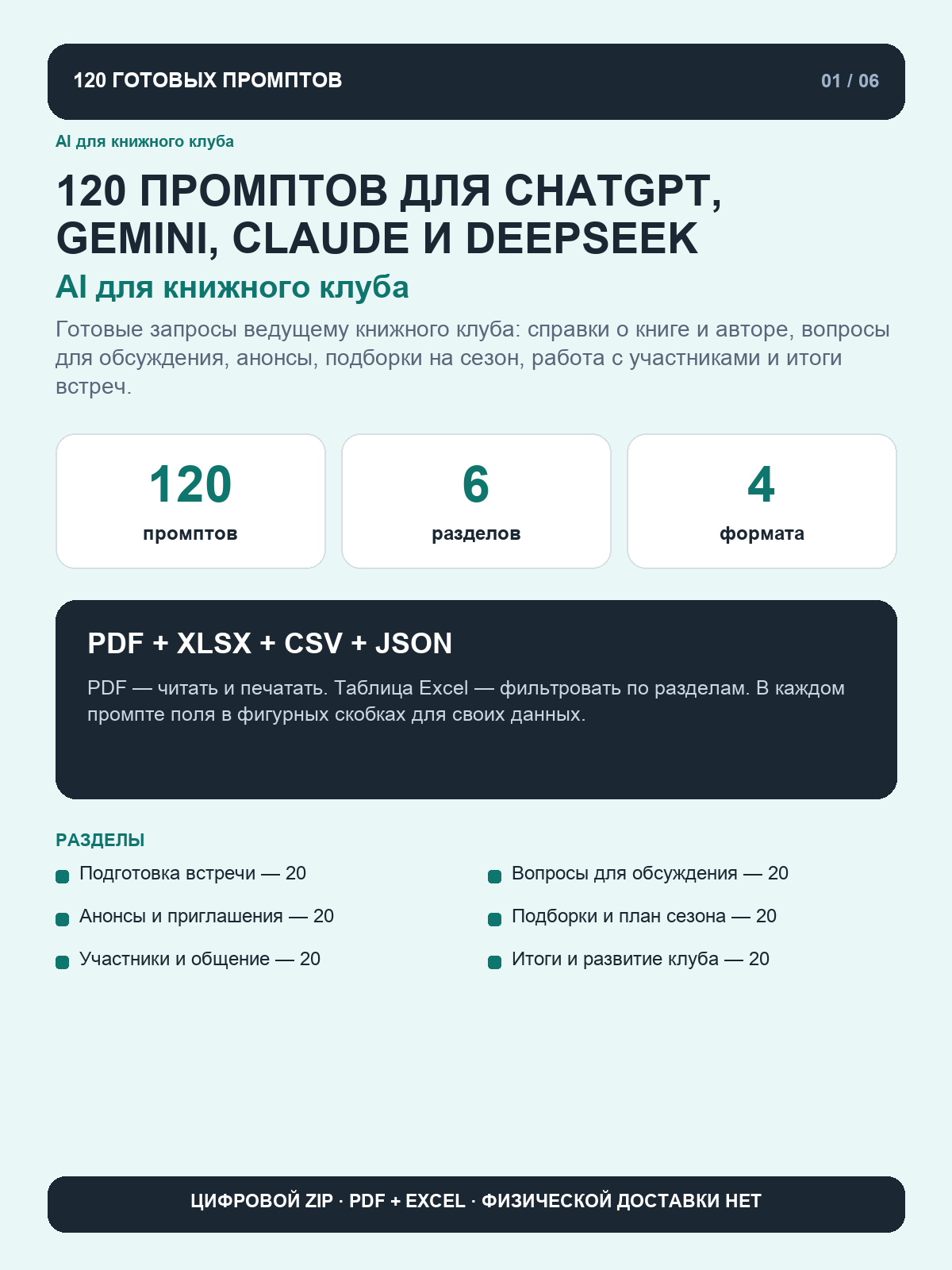 AI для книжного клуба: 120 промптов для ChatGPT, Gemini, Claude и DeepSeek, цифровая книга PDF A4