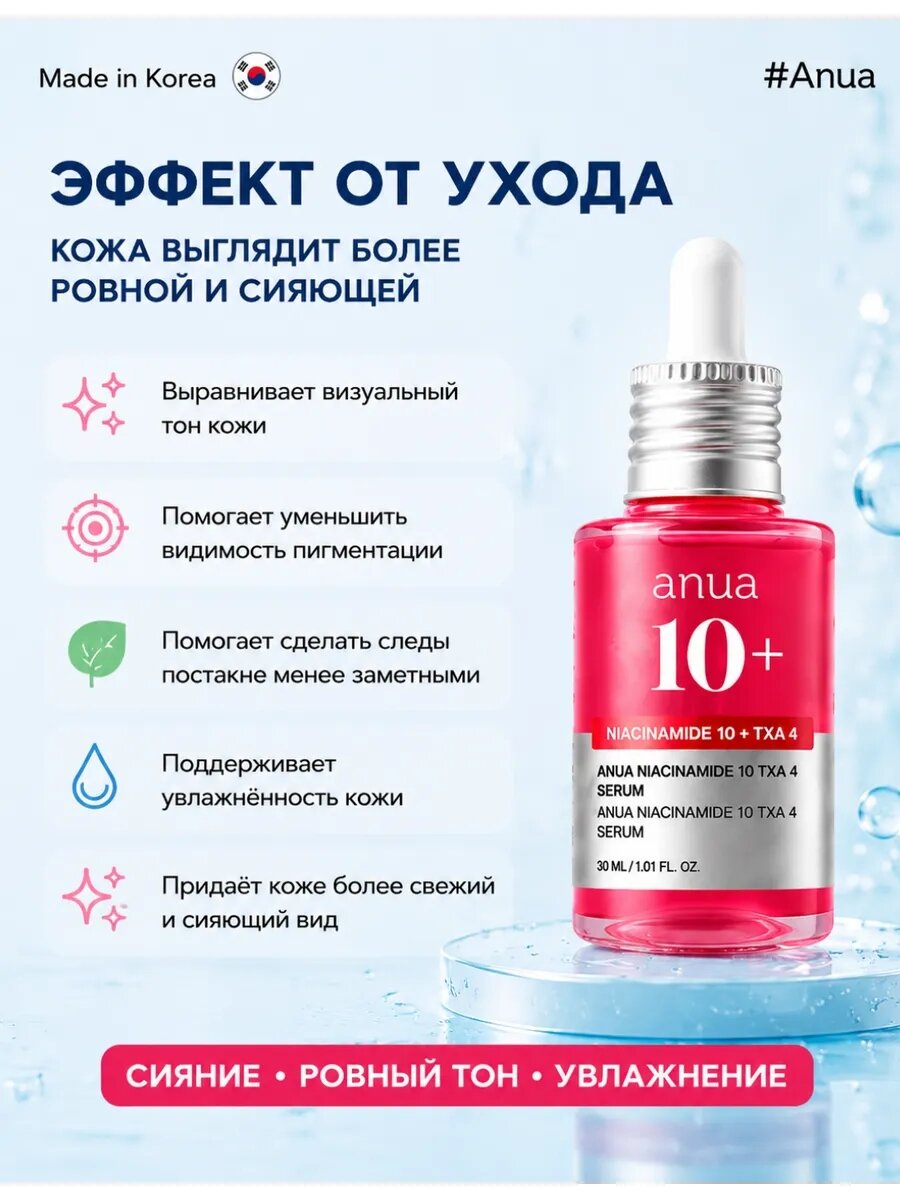 Anua Оригинал корейская niacinamide 10+ txa 4 сыворотка, увлажняющая сыворотка для тусклой кожи, 30 мл