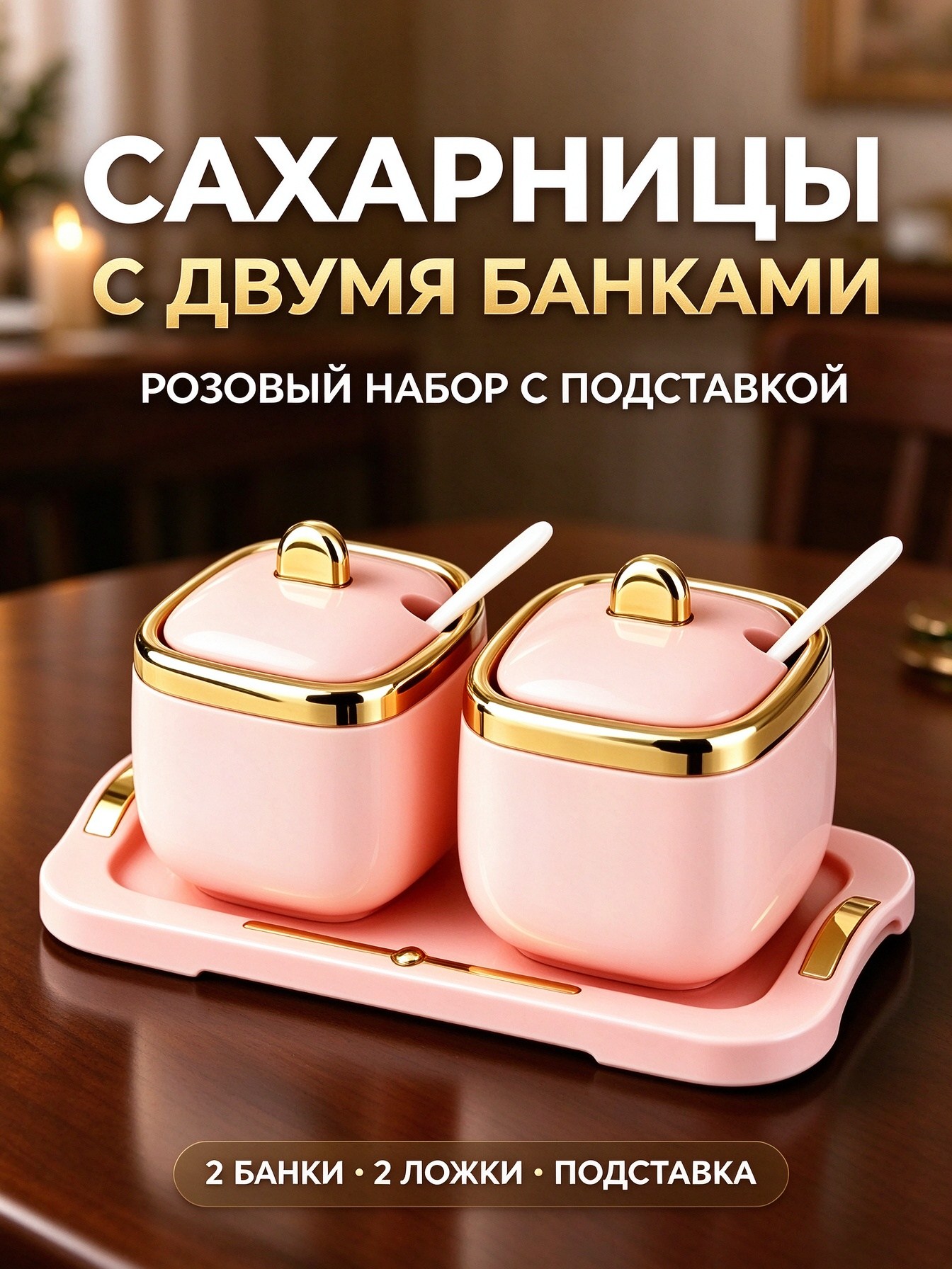 Набор сахарниц с крышкой 2 шт, ложки и подставка, розовый, для кухни дачи и праздничного стола