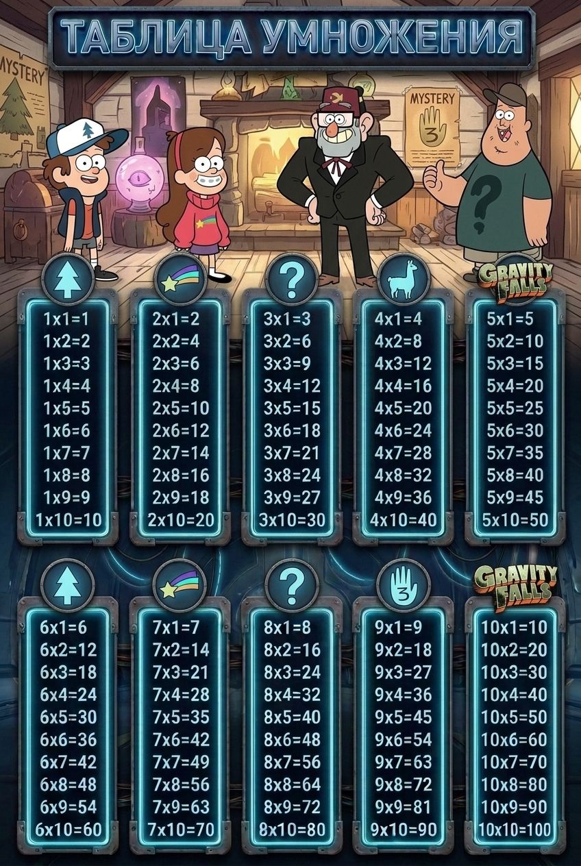 Плакат - Таблица умножения - Гравити Фолз - Gravity Falls