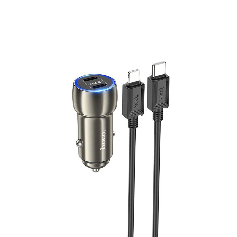 Автомобильное зарядное устройство hoco Z48 / быстрая зарядка 40W / 2xUSB-C / кабель Type-C - Lightning / серый