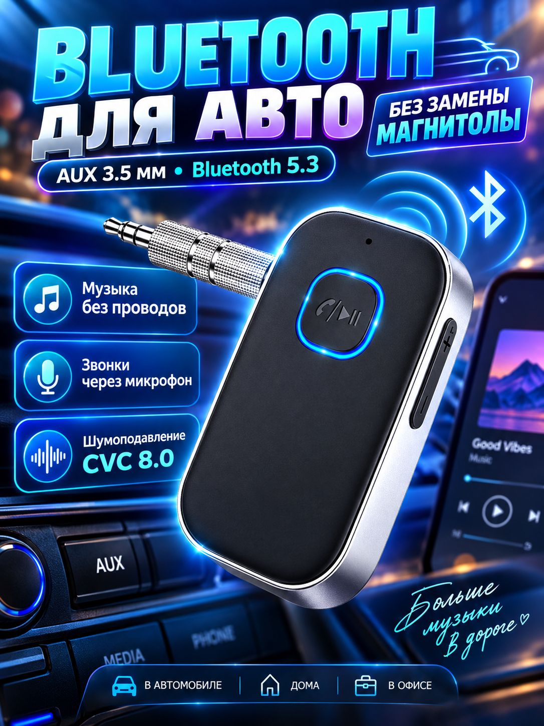 Bluetooth адаптер AUX 3.5 мм для автомобиля, ресивер Bluetooth 5.3 с микрофоном и шумоподавлением CVC 8.0, Type-C, для автомагнитолы