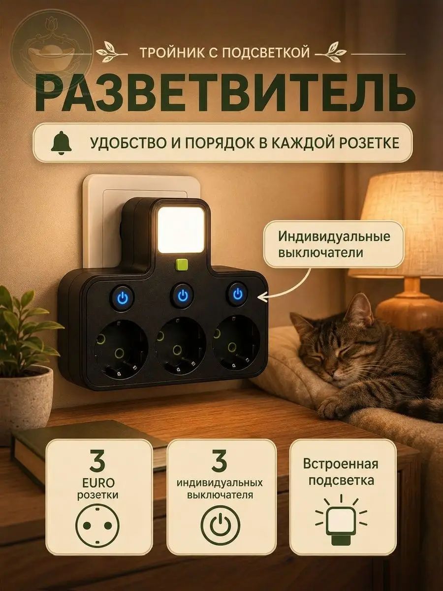 Тройник 3 розетки, с ночником, разветвитель, с подсветкой, евро, черный