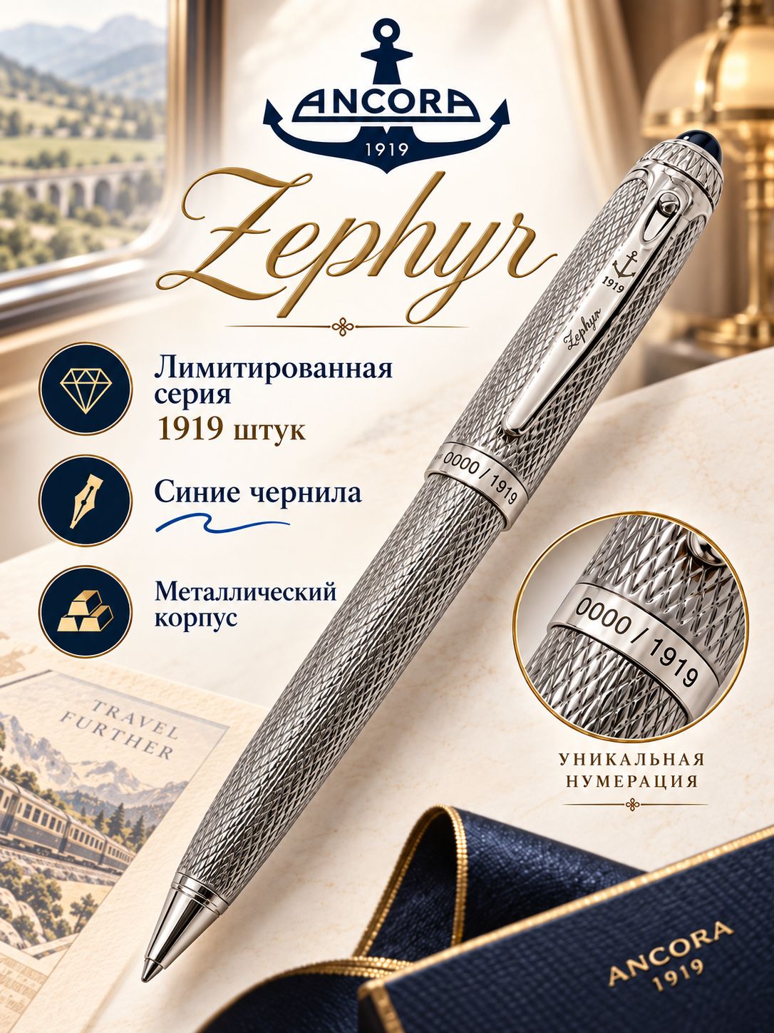 Ручка подарочная Зефир в футляре Ancora Анкора металлическая шариковая роллер синяя