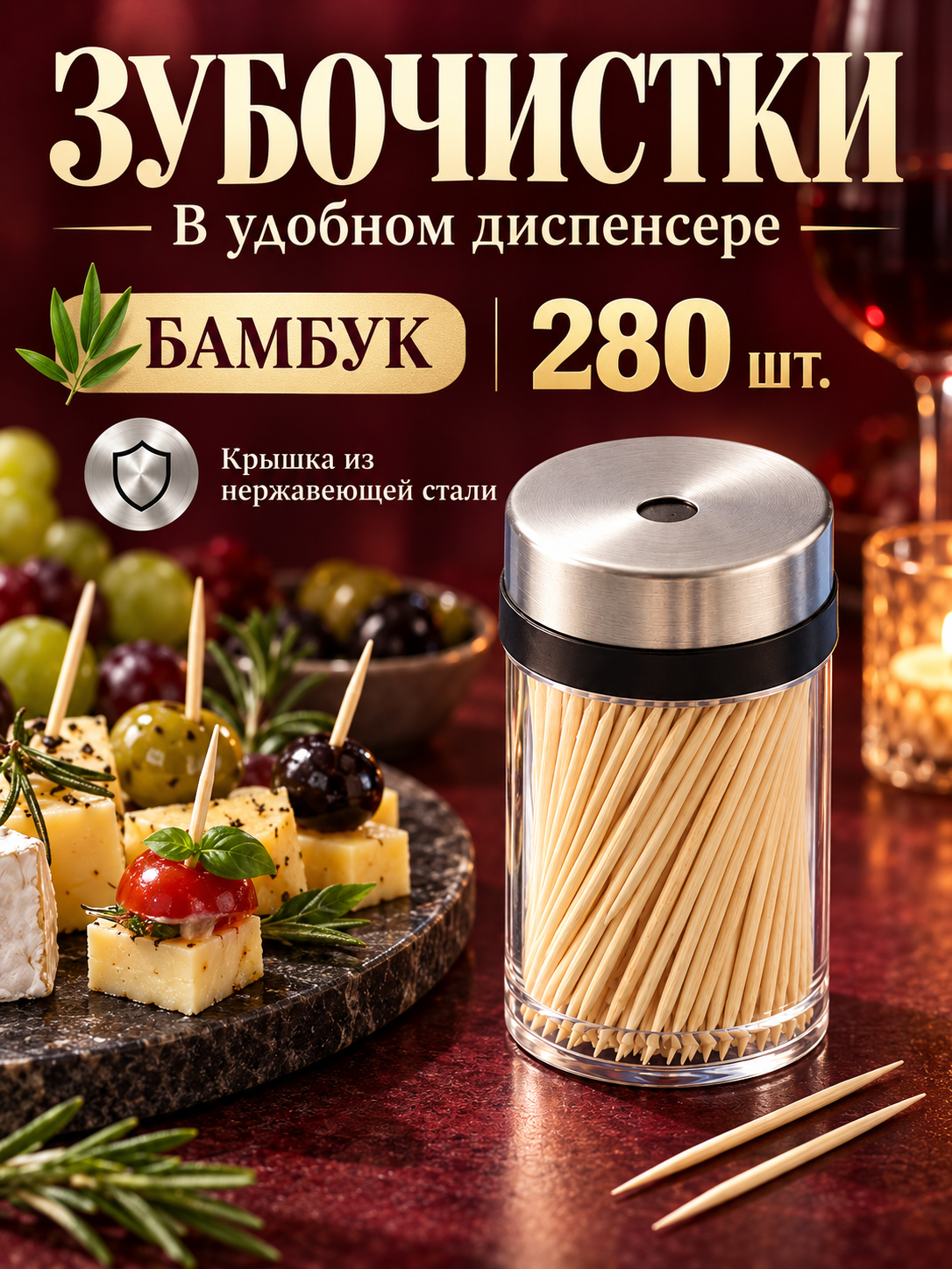 Гигиеничные бамбуковые зубочистки, 280 шт, в банке с плотной металлической крышкой