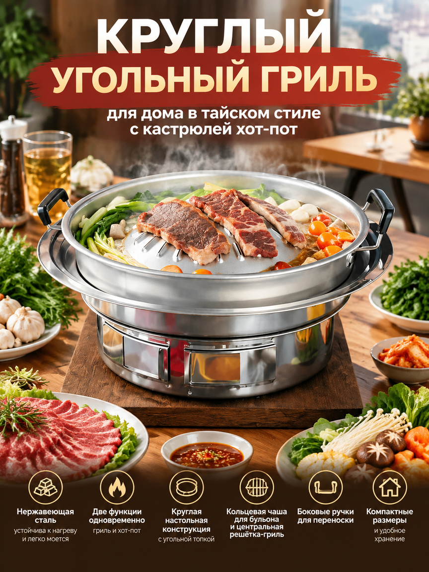 Круглый угольный гриль для дома в тайском стиле с кастрюлей хот-пот для корейского барбекю