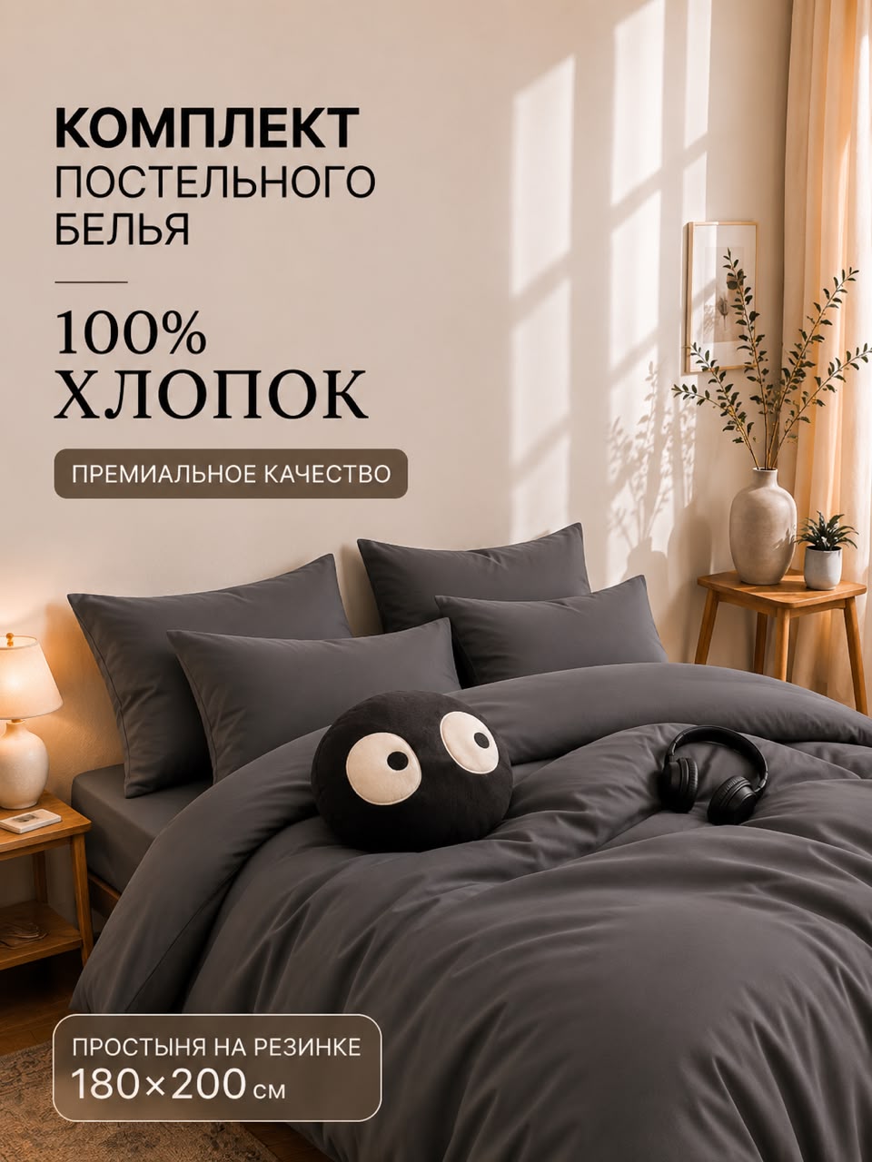 Комплект постельного белья 2-спальный хлопок 200x230 см, наволочки 50x70, простыня 180x200 см, цветсерый металлик