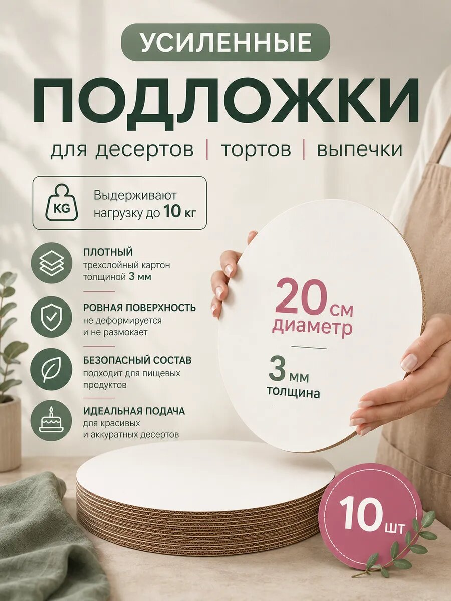 Подложка для торта усиленная, 20 см, 10 шт.