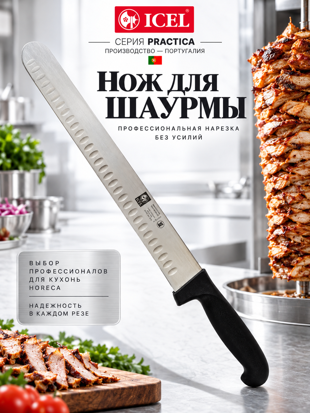 Нож для нарезки 300/435 мм. черный с бороздками, ICEL Practica
