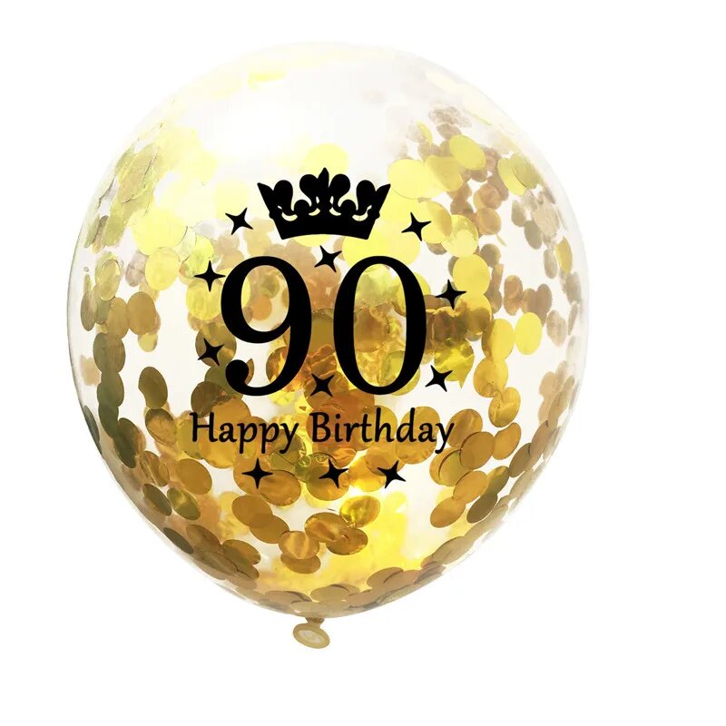 Золотые шары "90 лет" с конфетти и короной