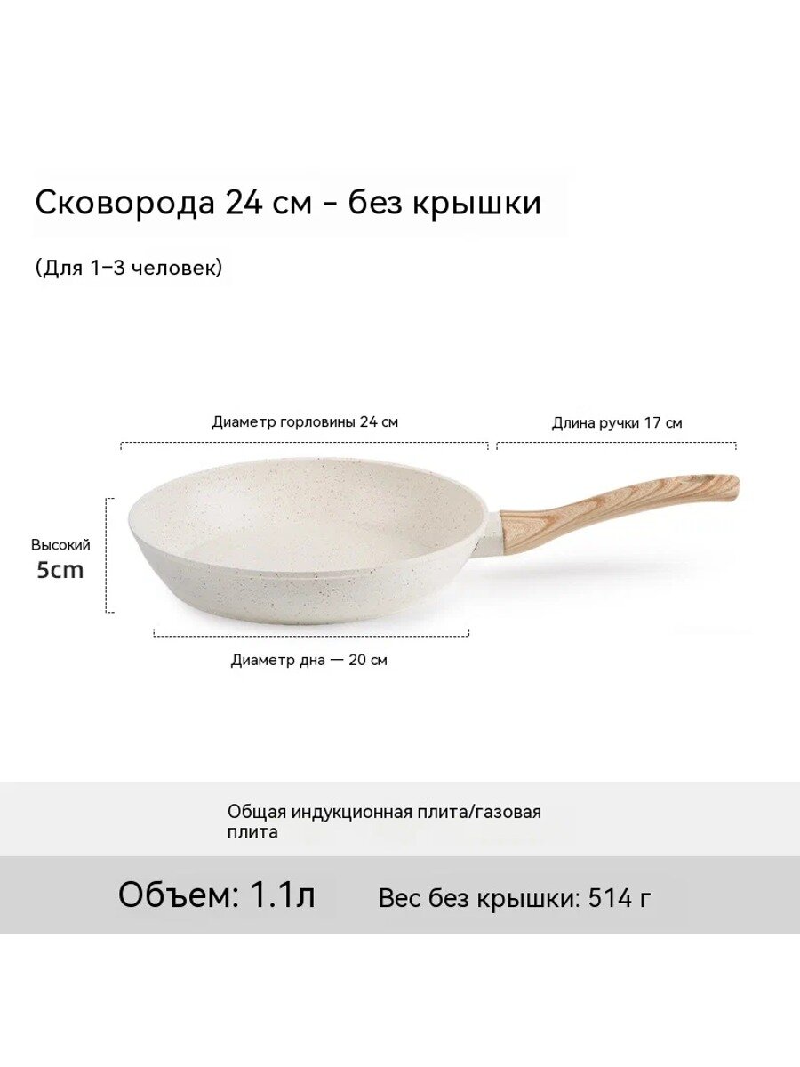 Антипригарная сковорода 24 см, 1–3 порции, для индукции и газа, без крышки