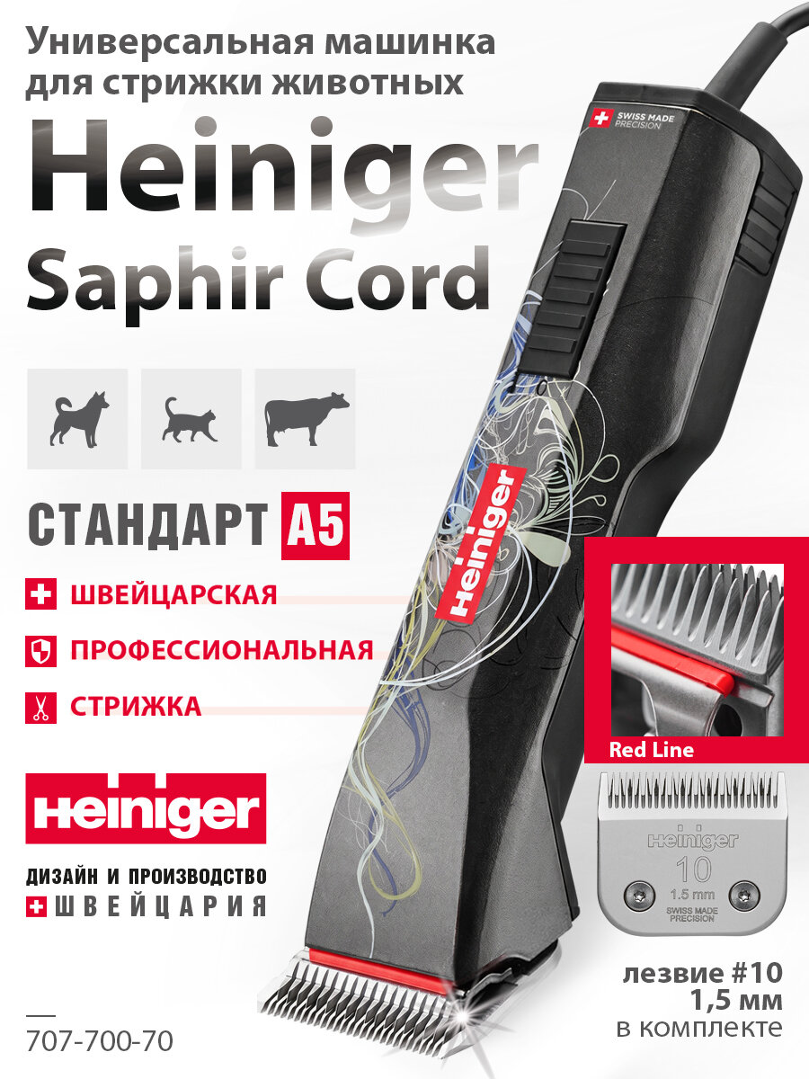 Профессиональная машинка Heiniger Saphir Cord для стрижки животных, собак, кошек с лезвием #10 1,5 мм