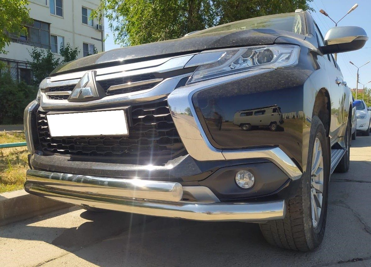 Защита переднего бампера двойная с двумя подгибами d60/75х42 овал для Mitsubishi Pajero Sport 2016-2021/Митсубиси Паджеро Спорт