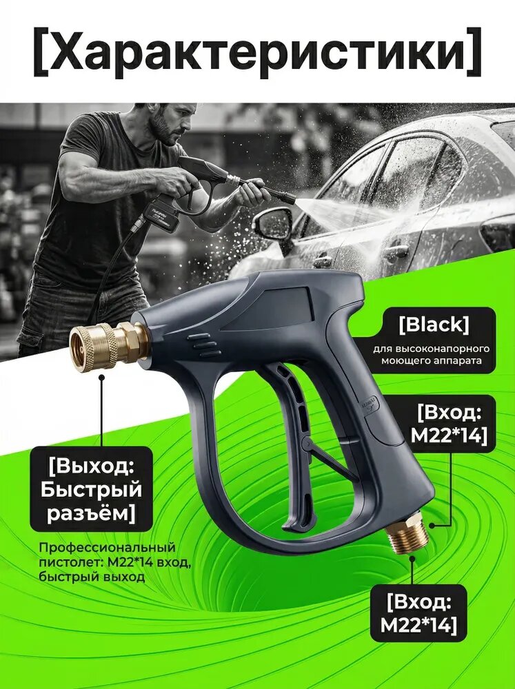 Короткий пистолет высокого давления (алюминиевый корпус), разъем 1/4" Quick Connect, вход M22-14мм, пистолет для детейлинга и мойки авто
