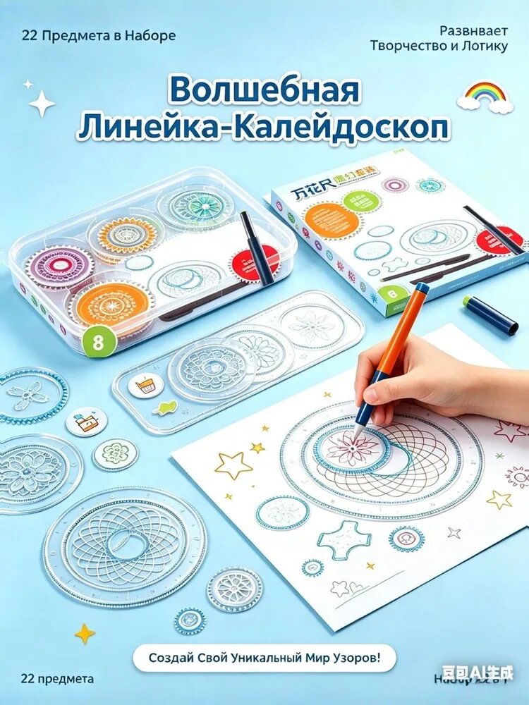 Набор развивающих линеек-трафаретов "Калейдоскоп" для рисования узоров, 22 предмета. Детский многофункциональный спирограф для творчества, обучения и развития мелкой моторики.
