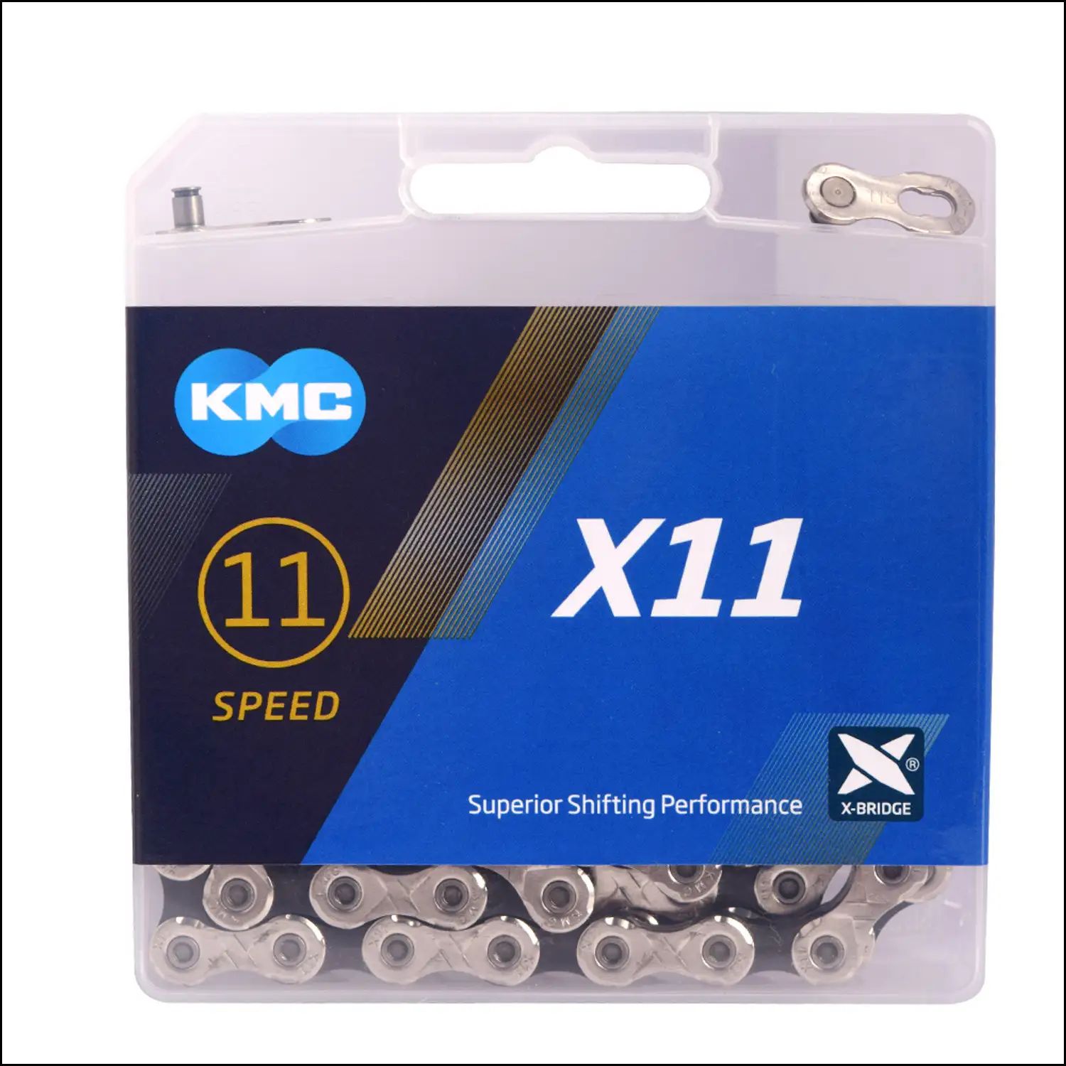 Цепь велосипедная KMC X11 116L, замок в комплекте, колер сереброчерный, в коробке, премиум