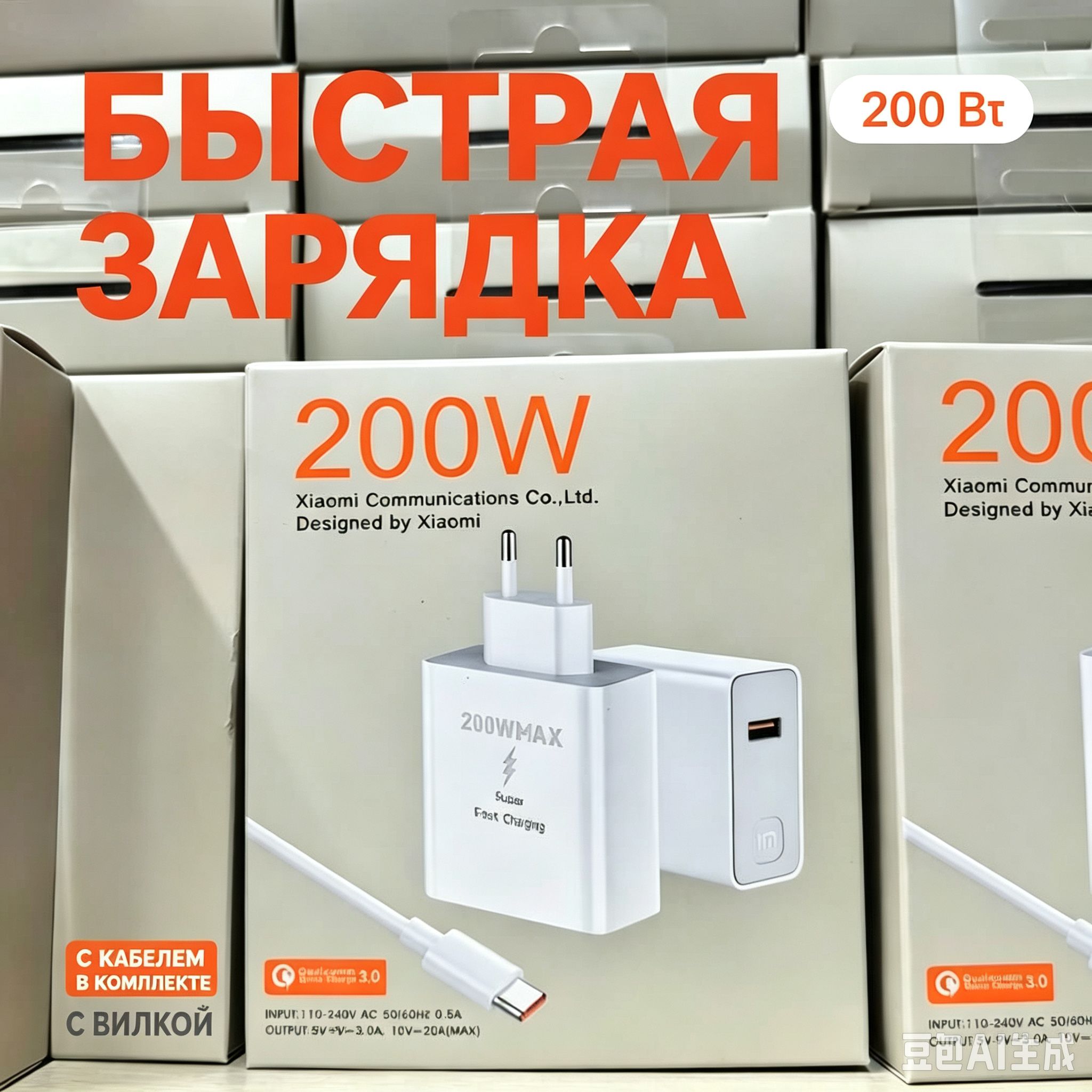 Блок питания 200W, быстрая зарядка, комплект с кабелем Type-C