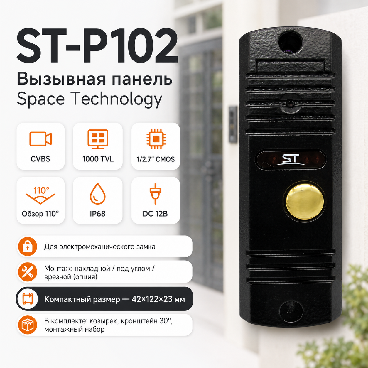 Антивандальная вызывная панель видеодомофона ST-P102, уличная накладная видео панель с камерой, черный