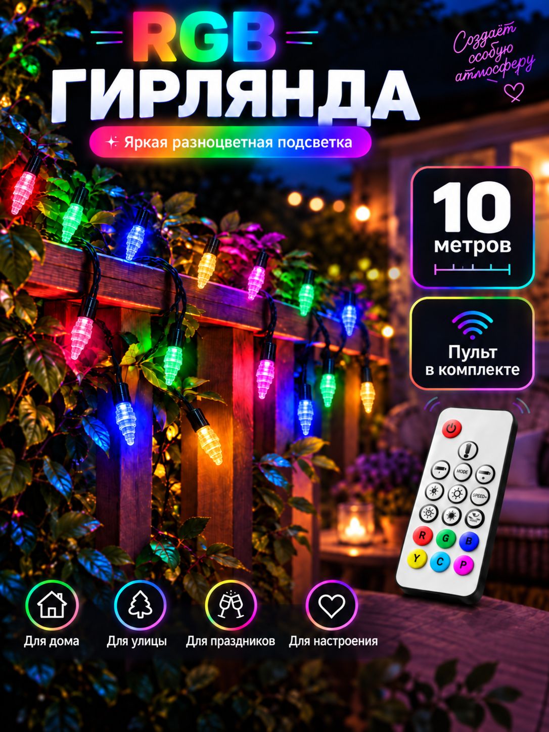 Электрогирлянда нить RGB 10 м DH100-4 с пультом для улицы и дома / Гирлянда светодиодная 25 режимов, питание от сети 220В, разноцветный
