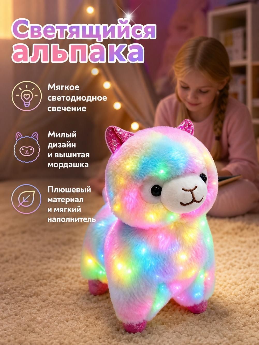 Мягкая игрушка Альпака с кнопкой на лапке, 27 см, белая, светящаяся