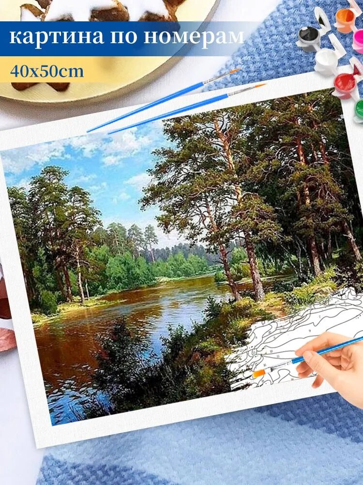 Картина по номерам на холсте 40x50cm / "Река в лесу" Раскраска по номерам без подрамником