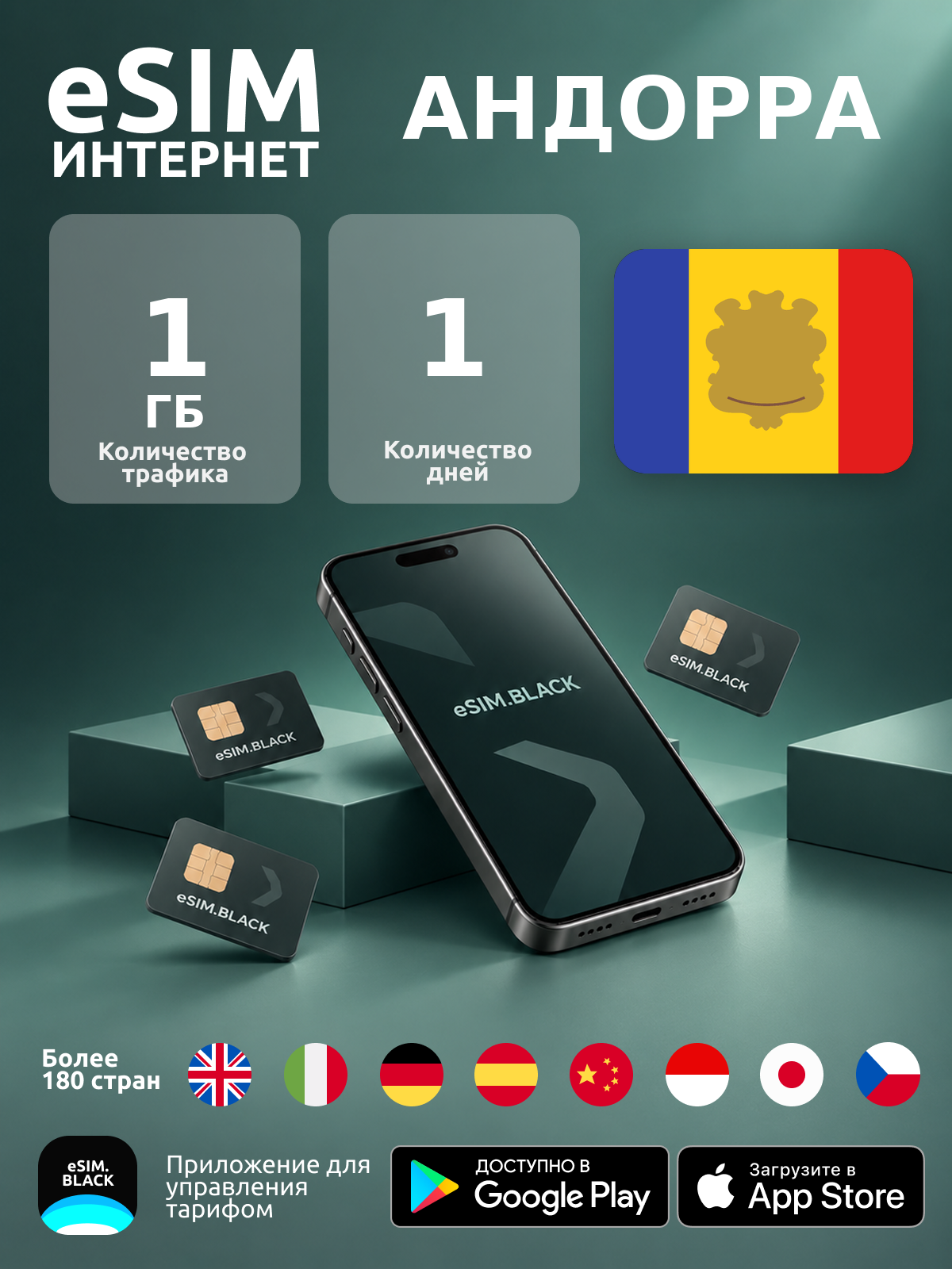 Андорра/1 день/1 ГБ - eSIM для мобильного интернета ( iPhone | Android ).
