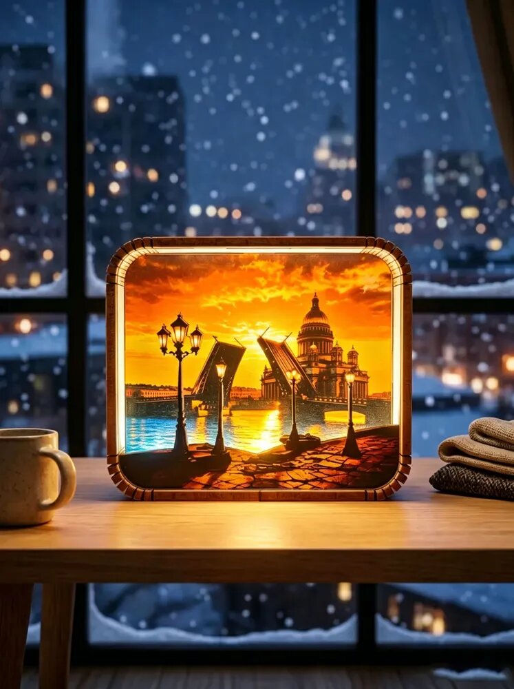 Сувенир из Санкт-Петербурга Музыкальная шкатулка 3D Разводной мост деревянный сенсорный ночник с мелодией подарок