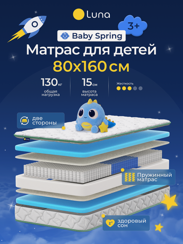 Изображение товара Детский пружинный анатомический матрас Luna Baby Spring 80 х 160, высота 15 см
