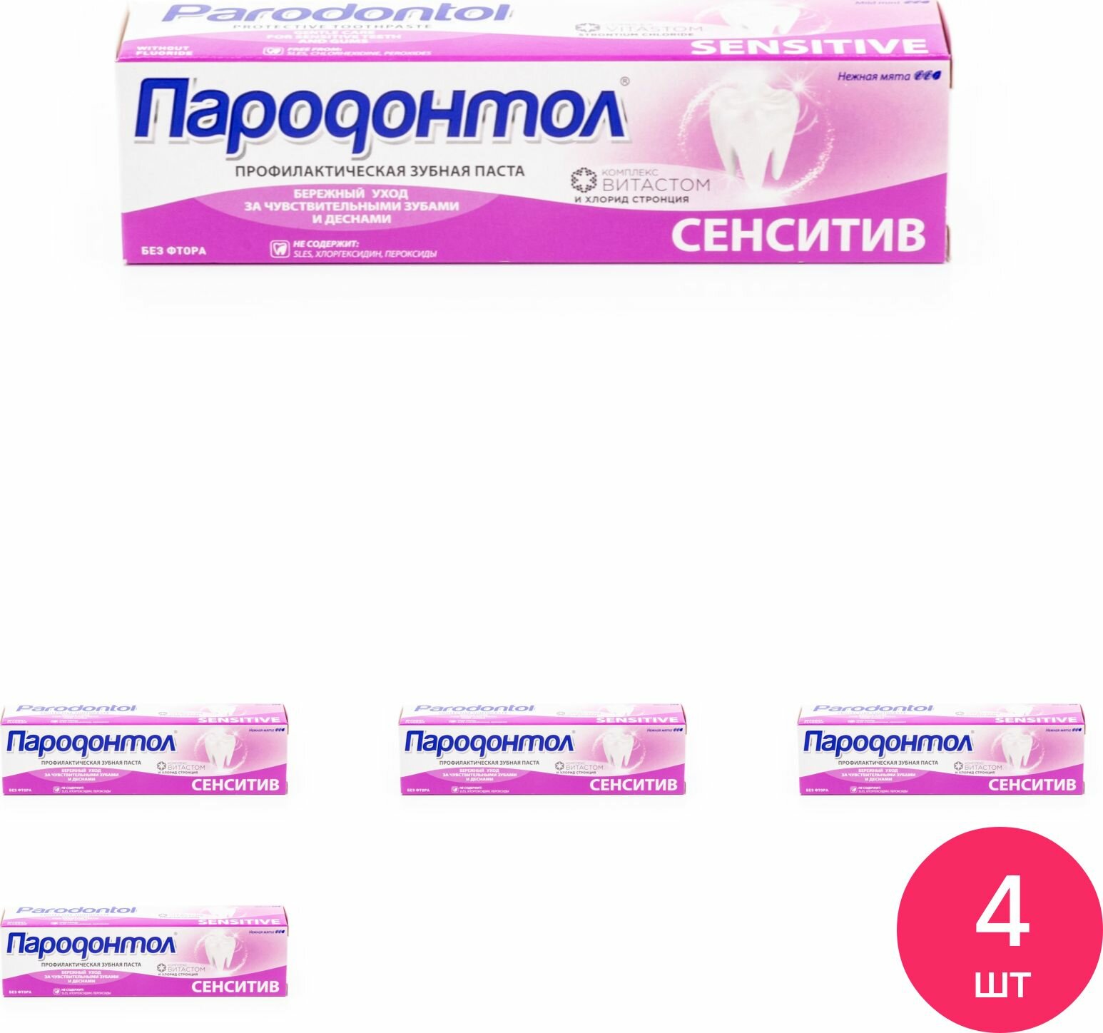 Зубная паста Пародонтол Сенситив для чувствительных зубов с комплексом витастом и хлоридом стронция без фтора 124г / уход за полостью рта (комплект из 4 шт)