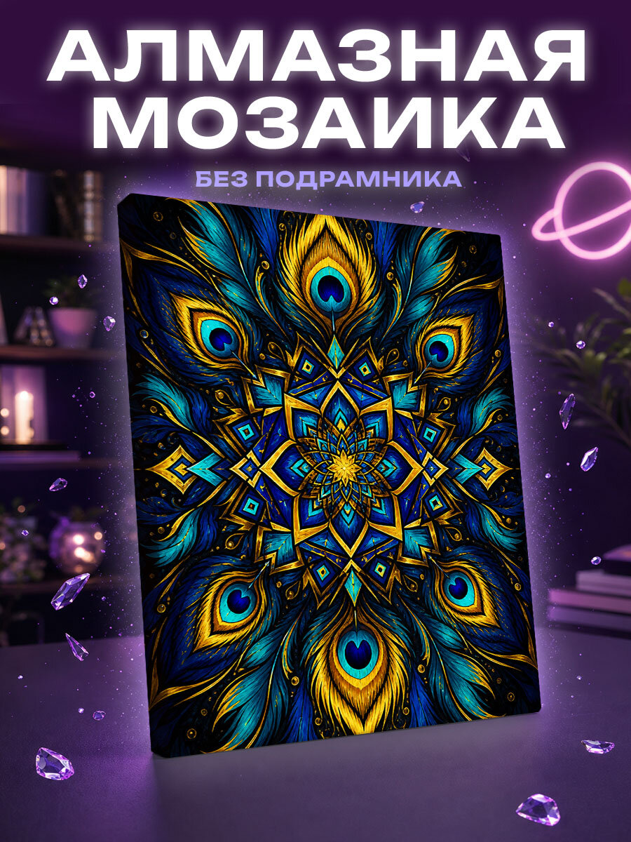 Алмазная мозаика Сияющая мандала павлиньих перьев