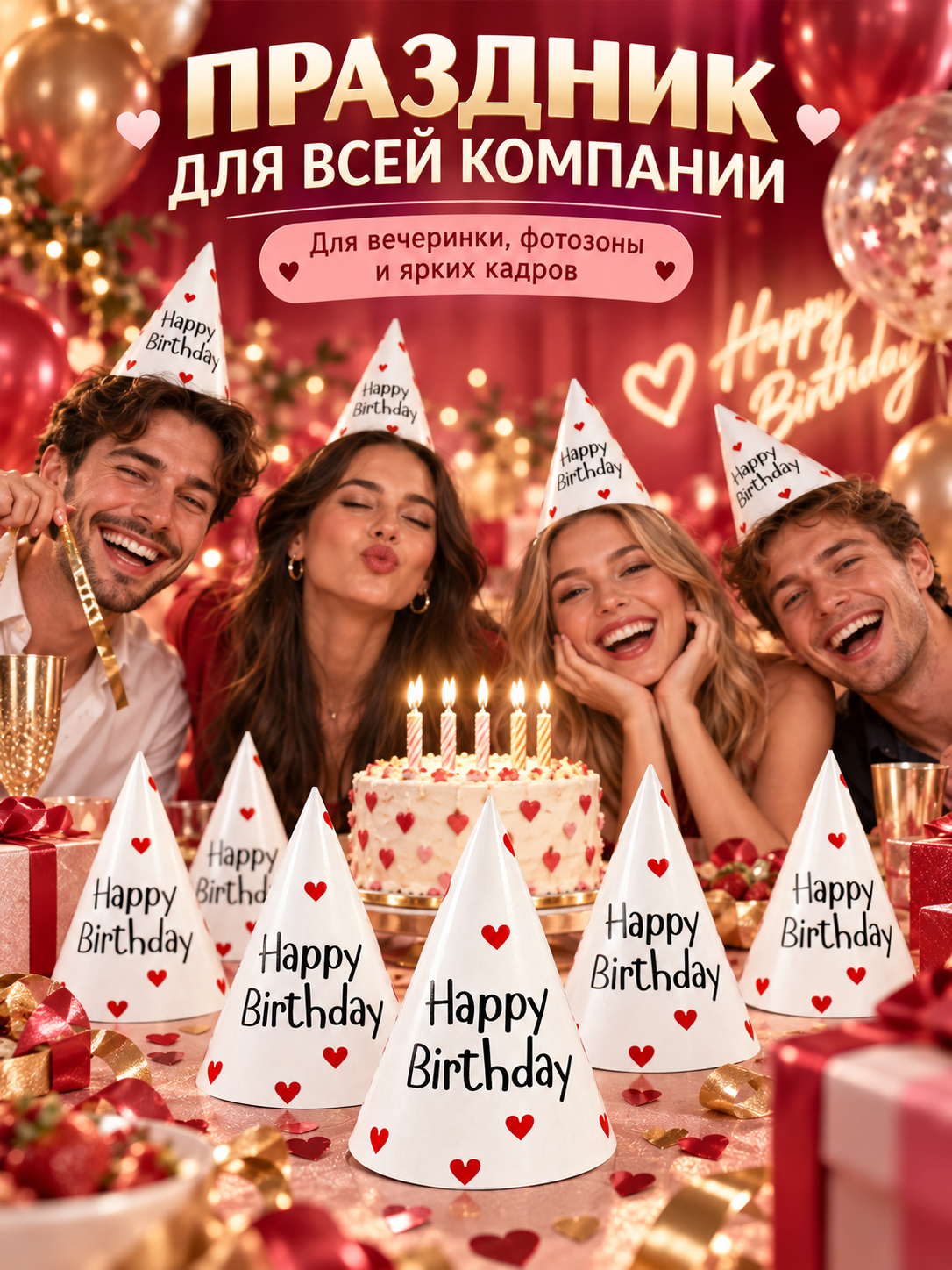 Колпак бумажный Страна Карнавалия Happy Birthday, набор 6 шт — фото 1