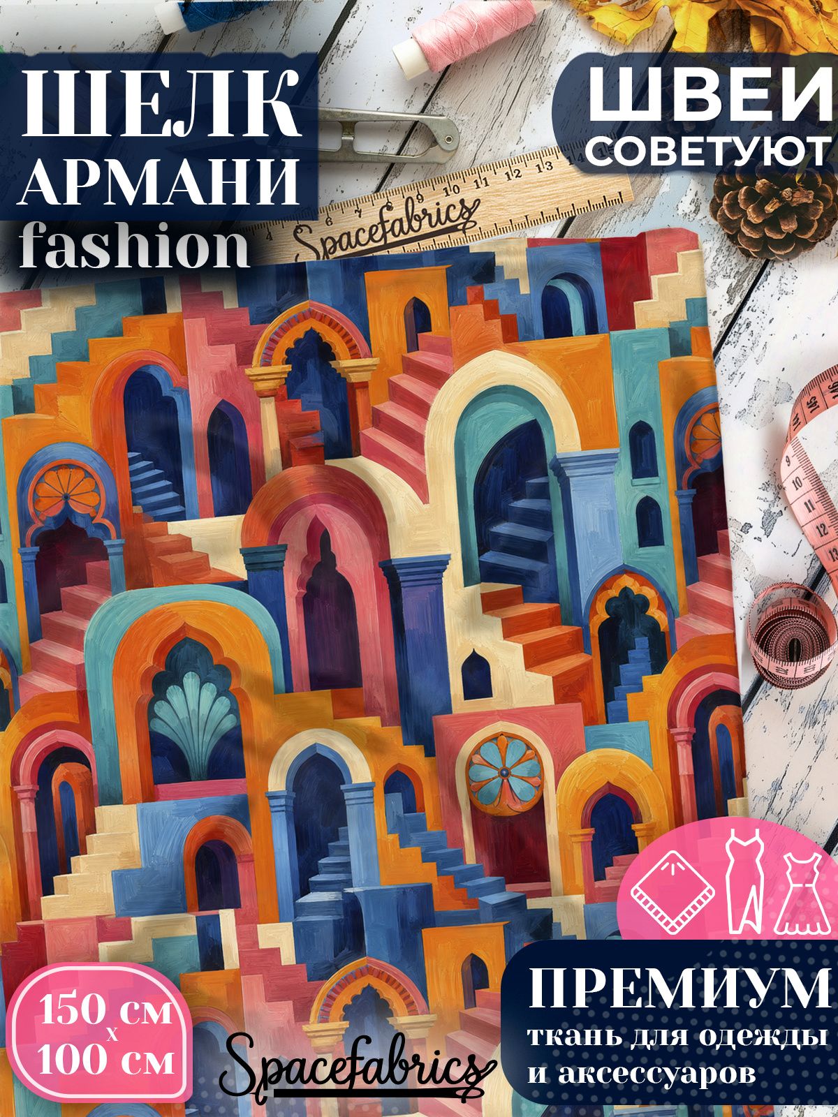 Ткань для шитья шелк Армани, искусственный шелк для костюмов, платьев, юбок с принтом Порталы и лестницы