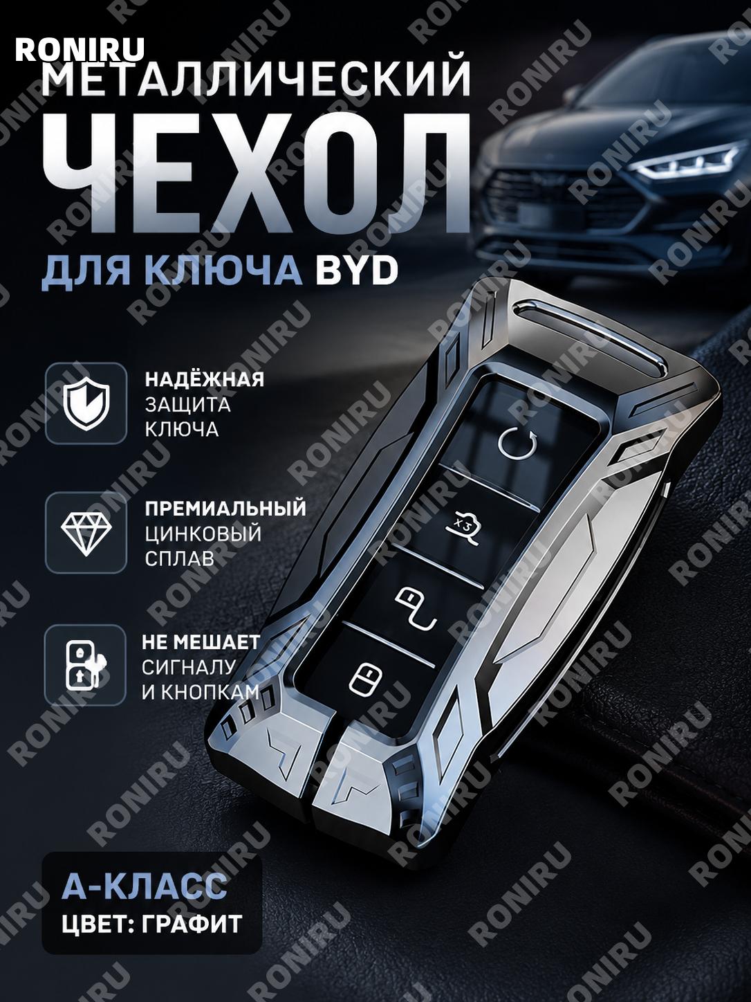 Чехол для ключа BYD металлический A款, 1 шт, ганметал, цинковый сплав, кейс для ключей Song PRO Han Tang Song PLUS