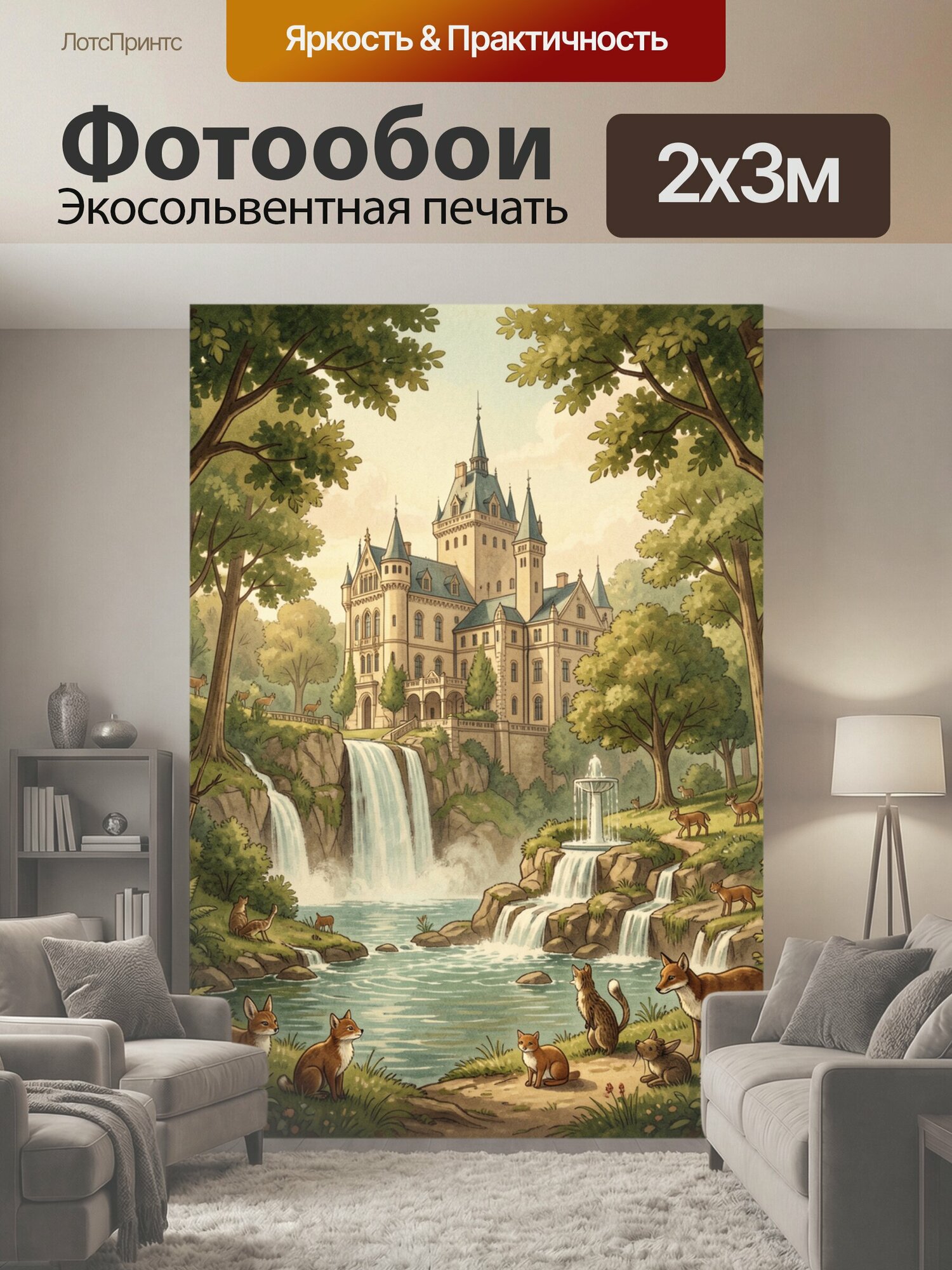 Фотообои "Лесной водопад у замка. Живописная сцена: величественный замок на фоне леса и озера, каскад водопадов, фонтан, олени, лисы и белки." 200x300 см. экосольвентная печать