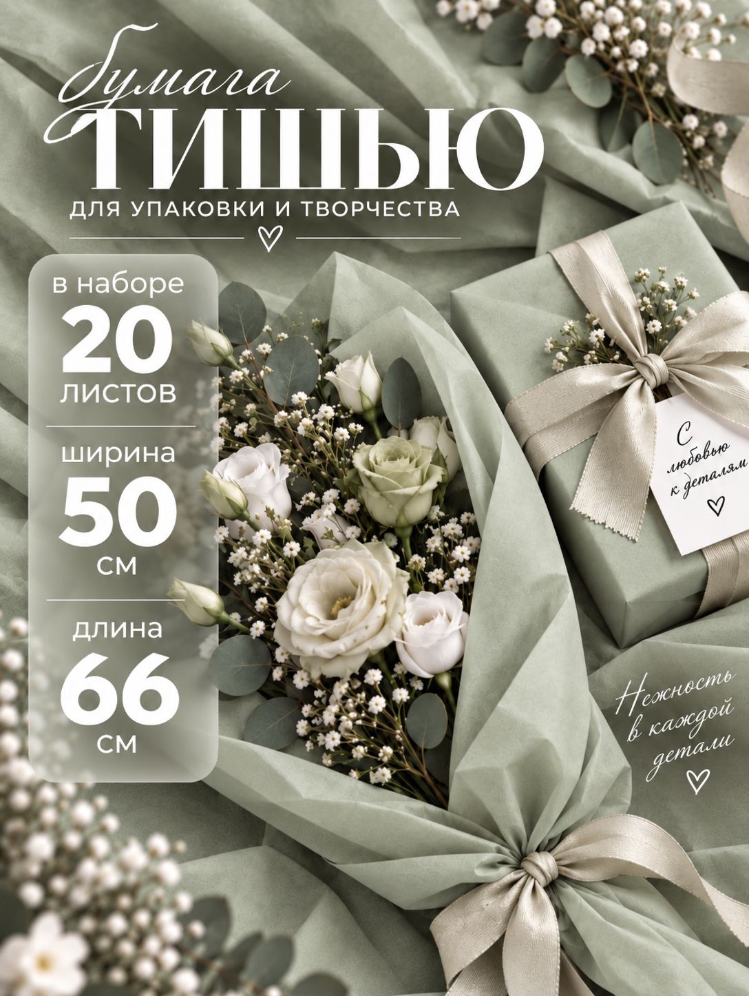 Бумага тишью упаковочная матовая однотонная. Набор 20 листов. Фисташковый
