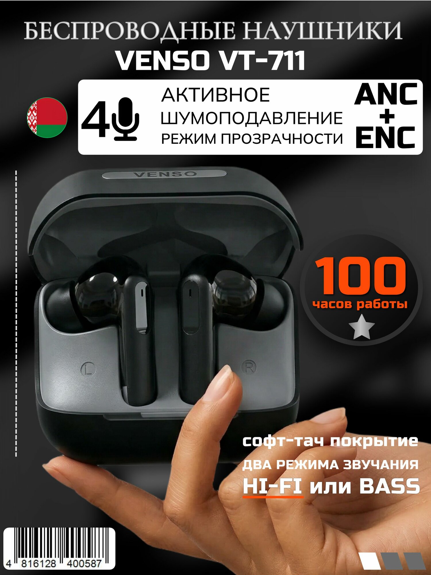 Наушники беспроводные VENSO VT-711 ANC+ENC 4 Микрофона