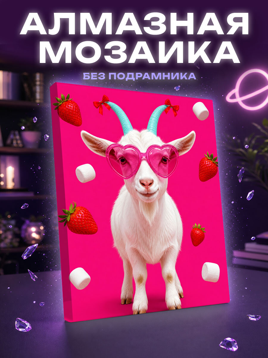 Алмазная мозаика Коза в розовых сердцах